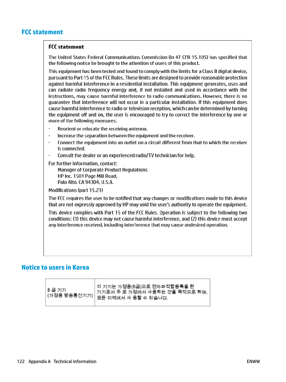 Fcc statement, Notice to users in korea | HP DeskJet GT 5820 User Manual | Page 128 / 133