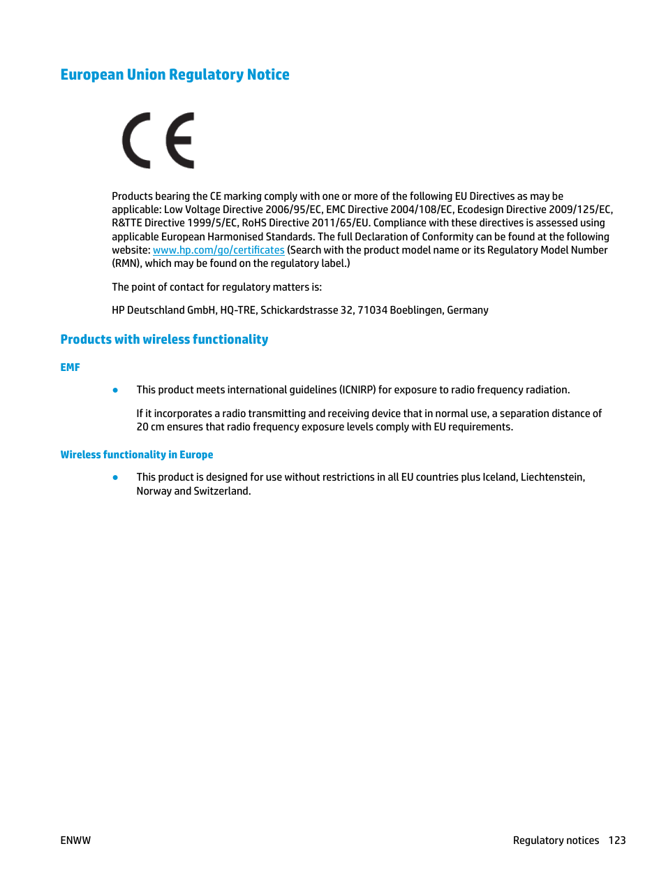 European union regulatory notice, Products with wireless functionality | HP DeskJet GT 5820 User Manual | Page 129 / 133