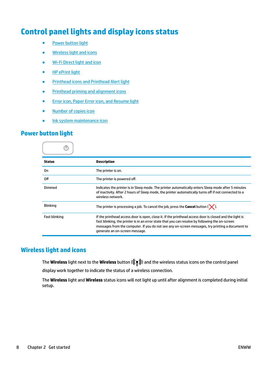 Control panel lights and display icons status, Power button light, Wireless light and icons | HP DeskJet GT 5820 User Manual | Page 14 / 133