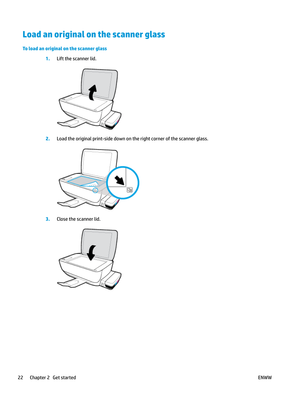 Load an original on the scanner glass | HP DeskJet GT 5820 User Manual | Page 28 / 133