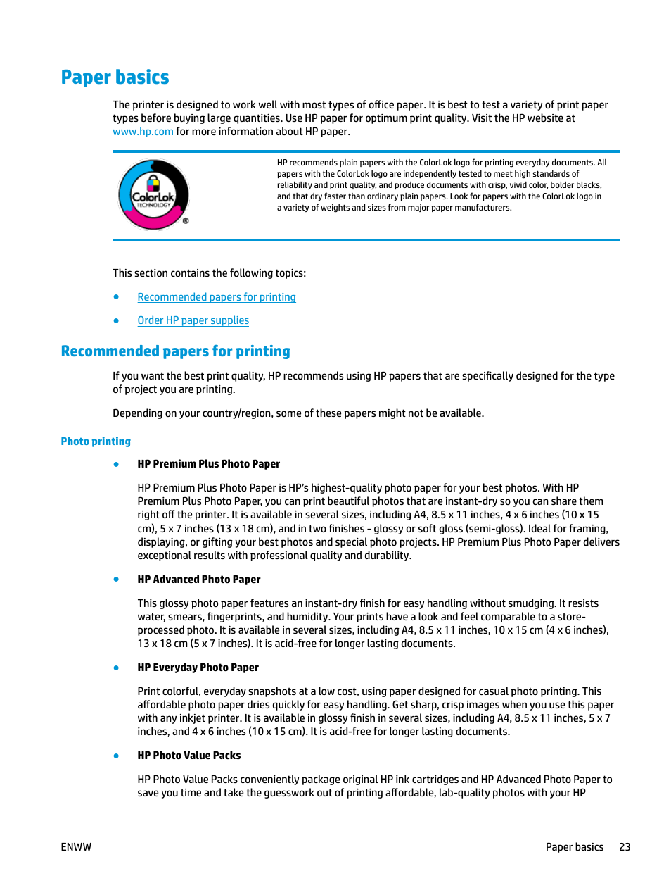 Paper basics, Recommended papers for printing | HP DeskJet GT 5820 User Manual | Page 29 / 133