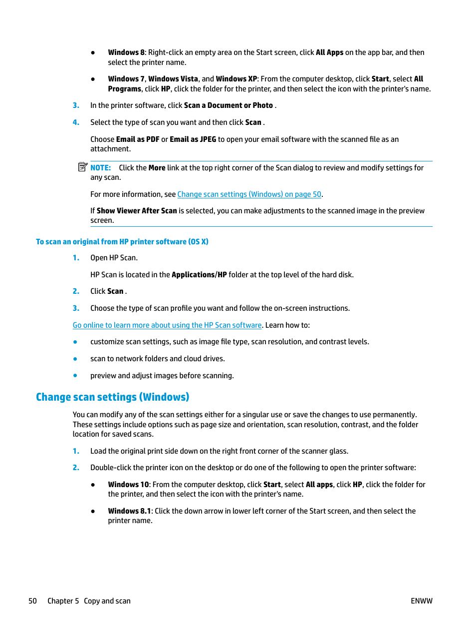 Change scan settings (windows), Tion, see | HP DeskJet GT 5820 User Manual | Page 56 / 133