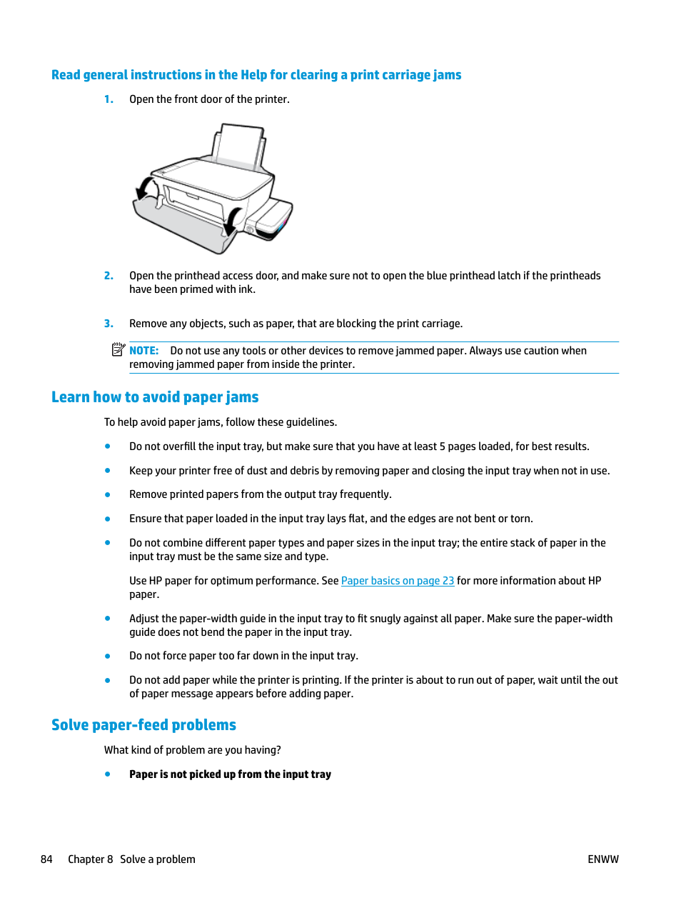 Learn how to avoid paper jams, Solve paper-feed problems | HP DeskJet GT 5820 User Manual | Page 90 / 133