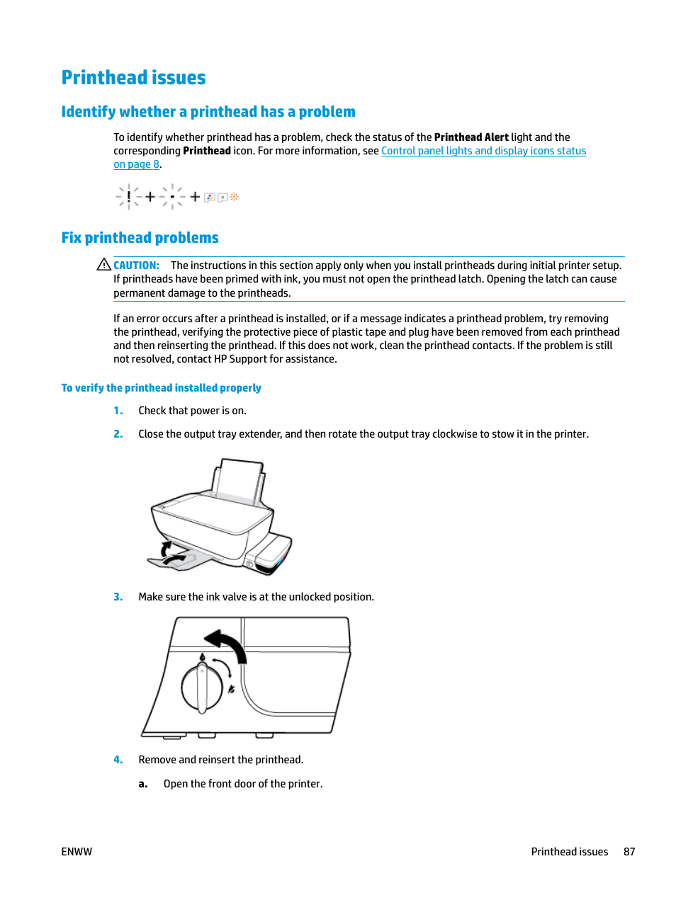 Printhead issues, Identify whether a printhead has a problem, Fix printhead problems | Tion, see | HP DeskJet GT 5820 User Manual | Page 93 / 133