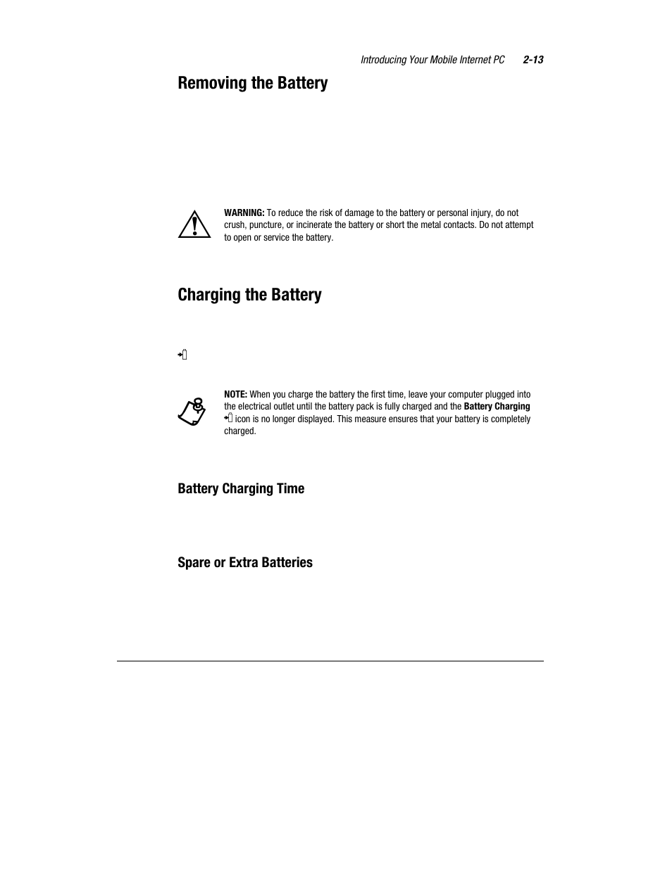 Removing the battery, Charging the battery | Compaq 1800 Series User Manual | Page 24 / 71