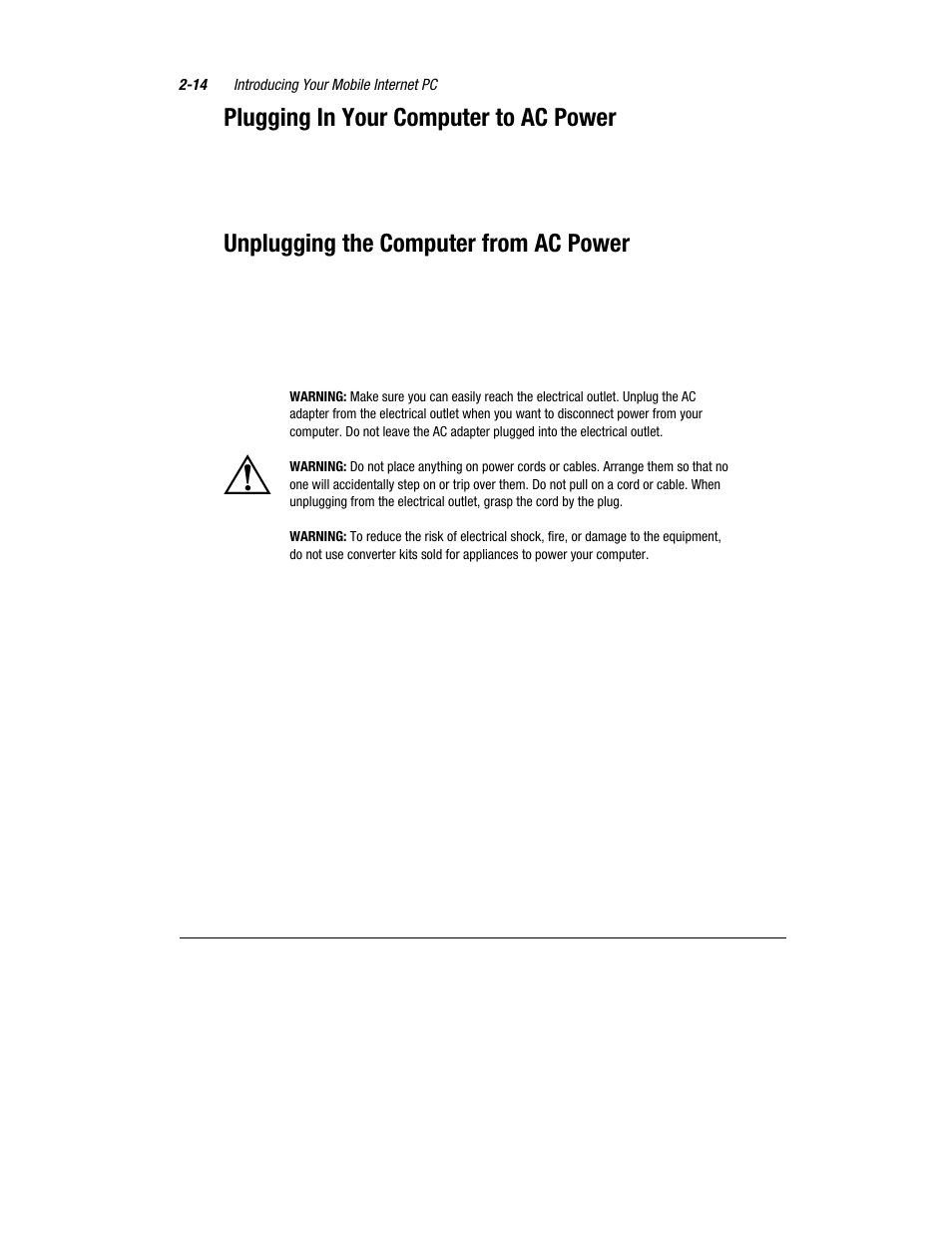 Plugging in your computer to ac power, Unplugging the computer from ac power | Compaq 1800 Series User Manual | Page 25 / 71
