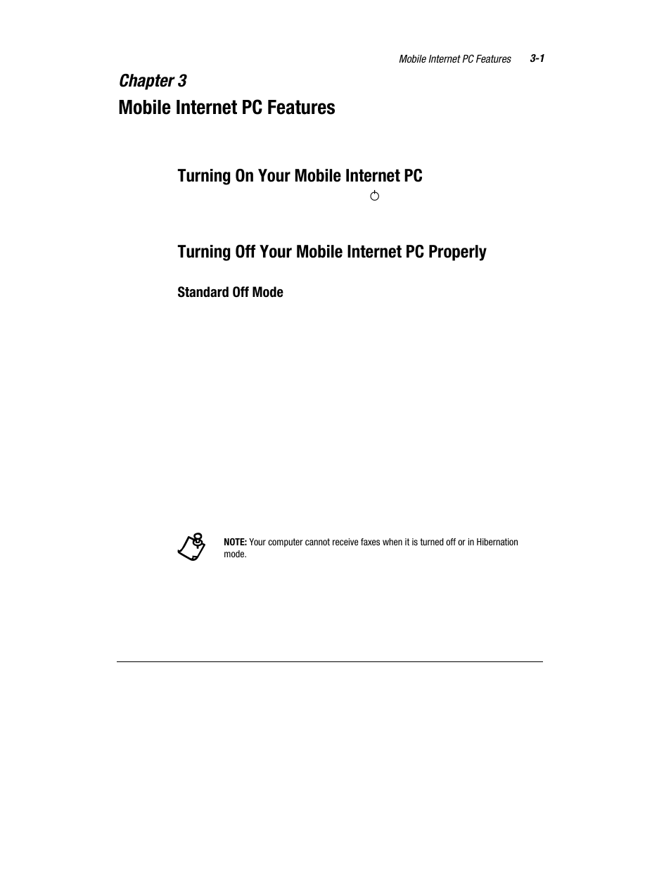 Mobile internet pc features, Chapter 3, Turning on your mobile internet pc | Turning off your mobile internet pc properly, Standard off mode | Compaq 1800 Series User Manual | Page 26 / 71