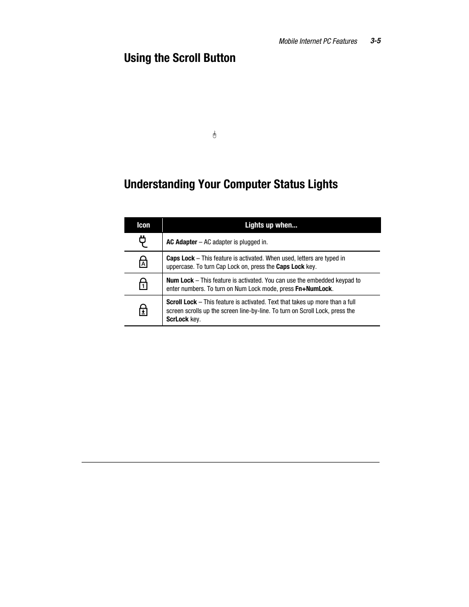 Using the scroll button, Understanding your computer status lights | Compaq 1800 Series User Manual | Page 30 / 71