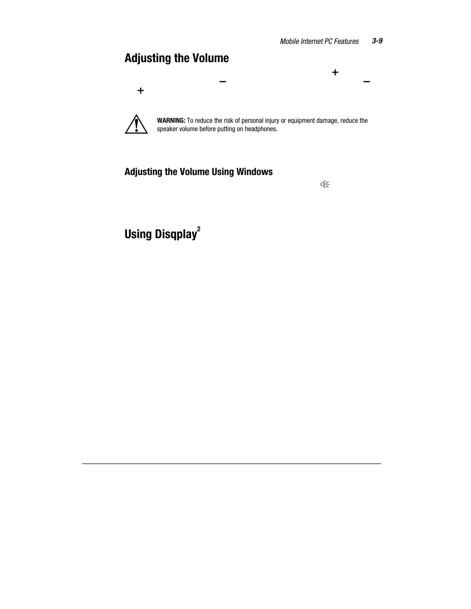 Adjusting the volume, Using disqplay, Adjusting the volume using windows | Compaq 1800 Series User Manual | Page 34 / 71