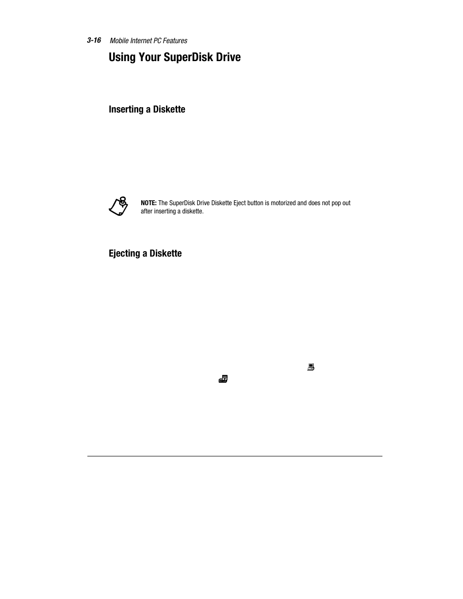 Using your superdisk drive, Inserting a diskette, Ejecting a diskette | Compaq 1800 Series User Manual | Page 41 / 71