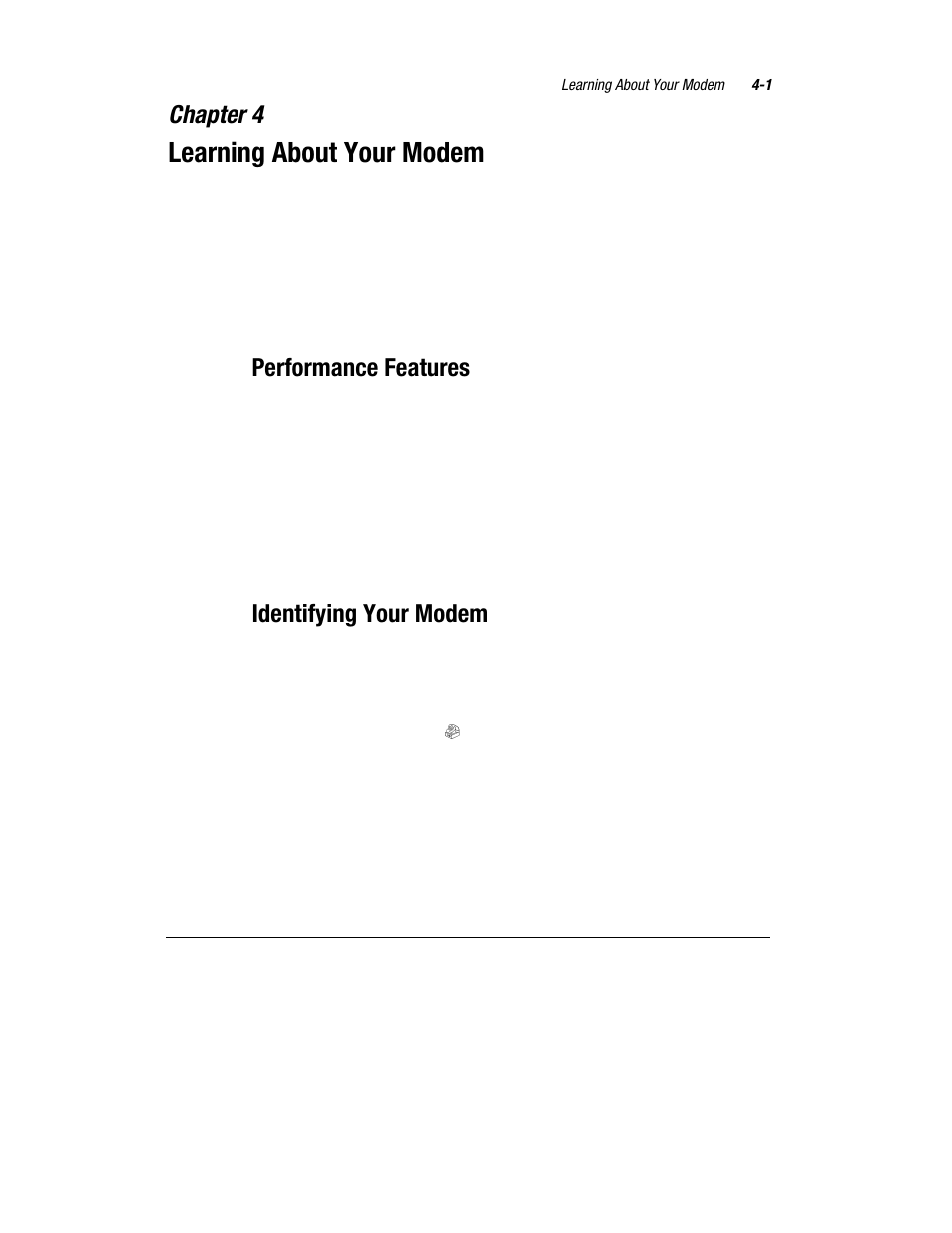 Learning about your modem, Chapter 4, Performance features | Identifying your modem | Compaq 1800 Series User Manual | Page 48 / 71