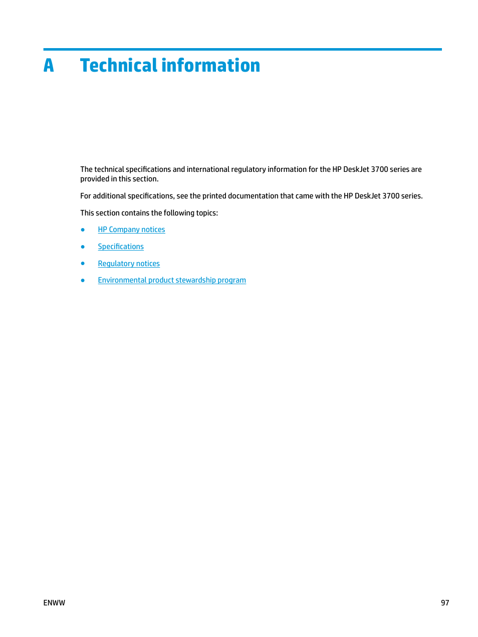 Technical information, Appendix a technical information, Atechnical information | HP DeskJet 3700 User Manual | Page 101 / 118