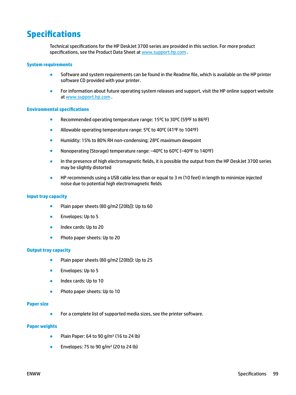 Specifications | HP DeskJet 3700 User Manual | Page 103 / 118