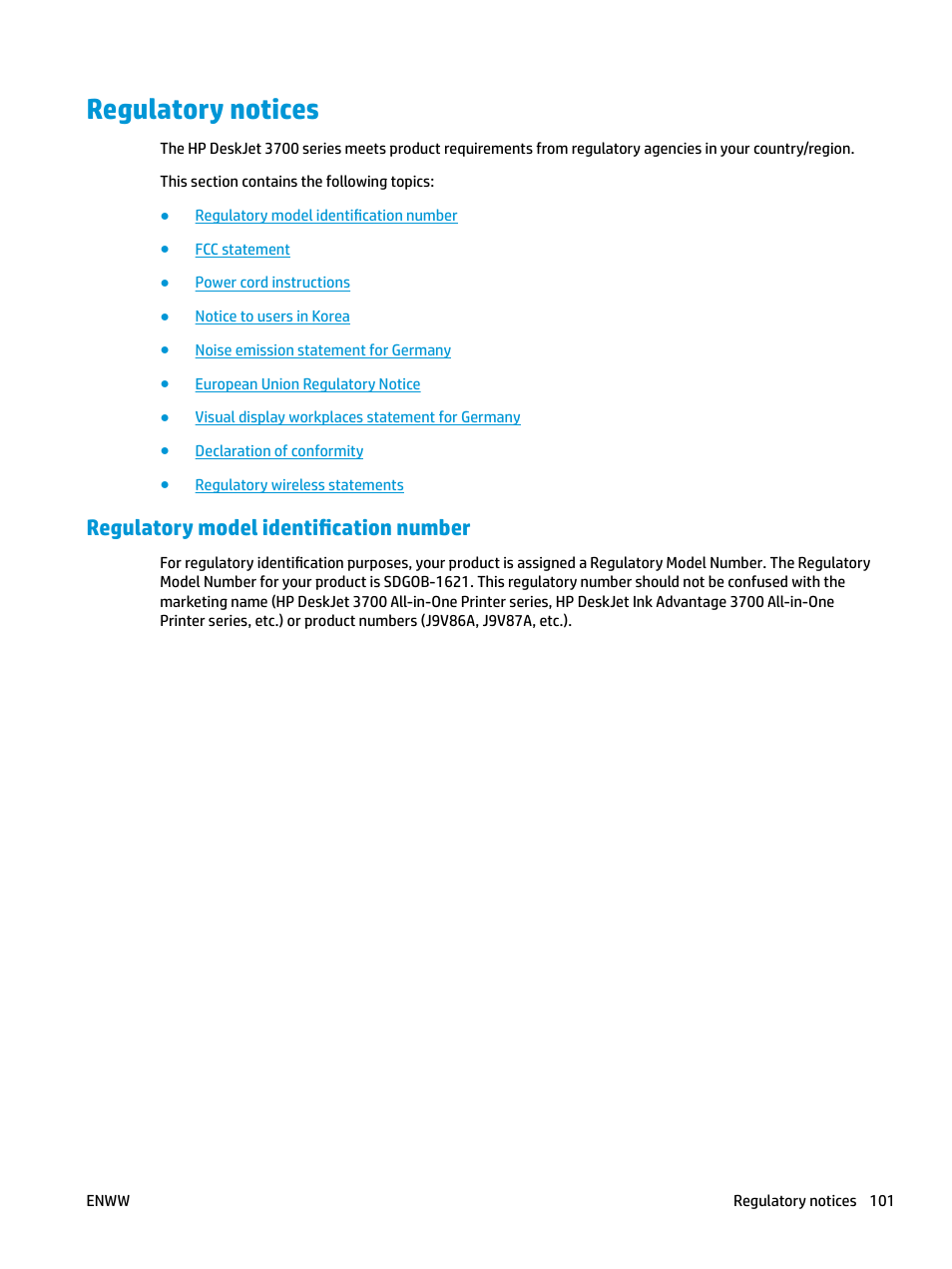 Regulatory notices, Regulatory model identification number | HP DeskJet 3700 User Manual | Page 105 / 118