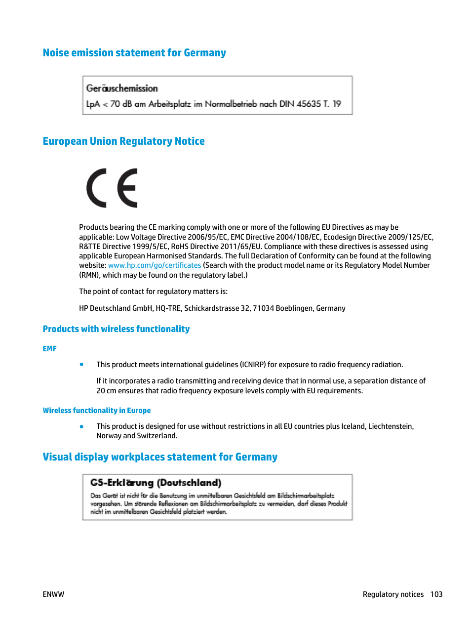 Noise emission statement for germany, European union regulatory notice, Products with wireless functionality | Visual display workplaces statement for germany | HP DeskJet 3700 User Manual | Page 107 / 118