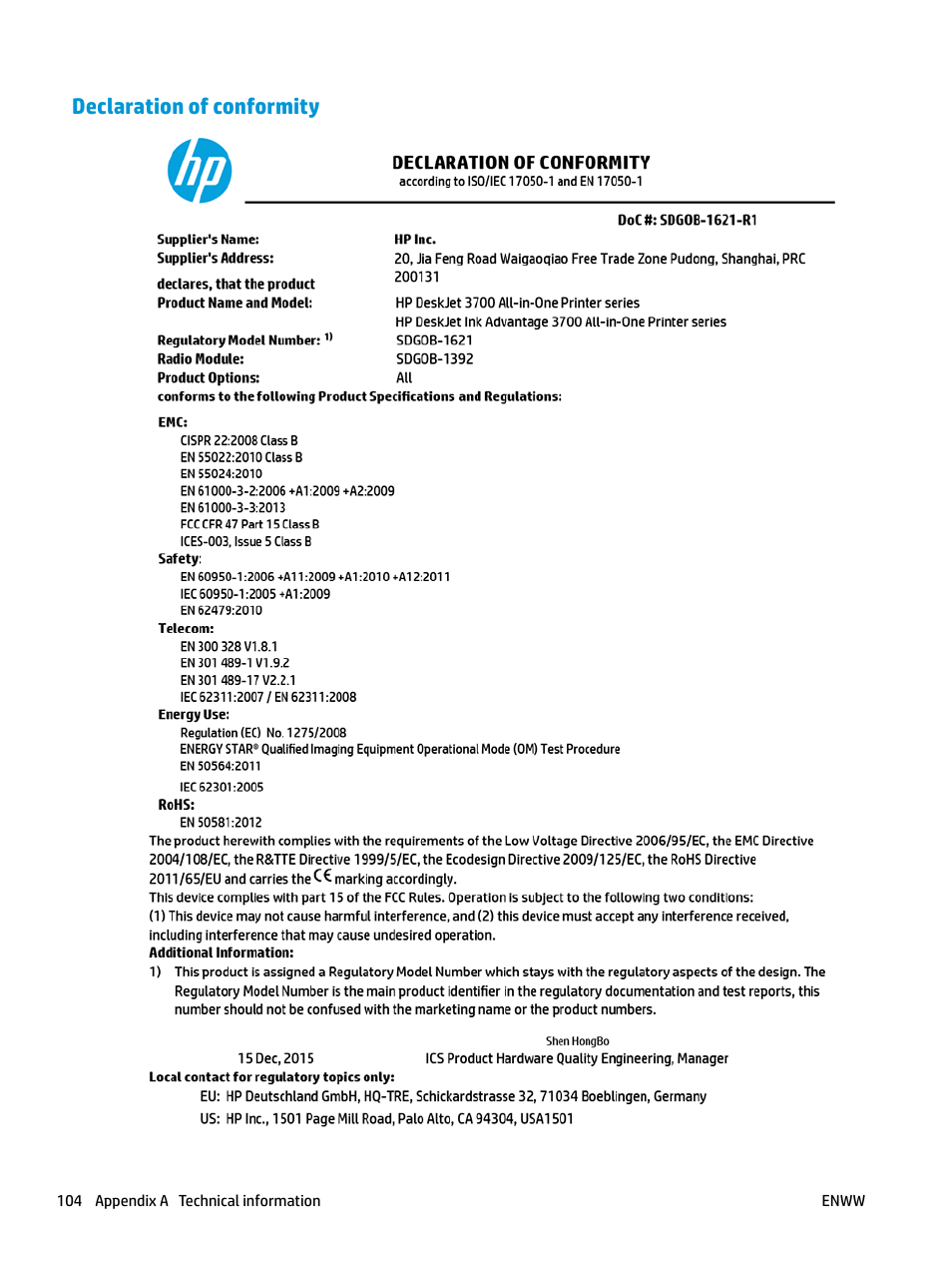 Declaration of conformity | HP DeskJet 3700 User Manual | Page 108 / 118