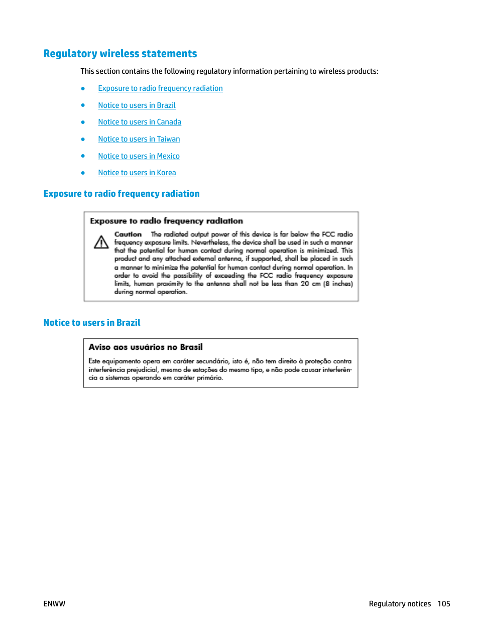 Regulatory wireless statements, Exposure to radio frequency radiation, Notice to users in brazil | HP DeskJet 3700 User Manual | Page 109 / 118