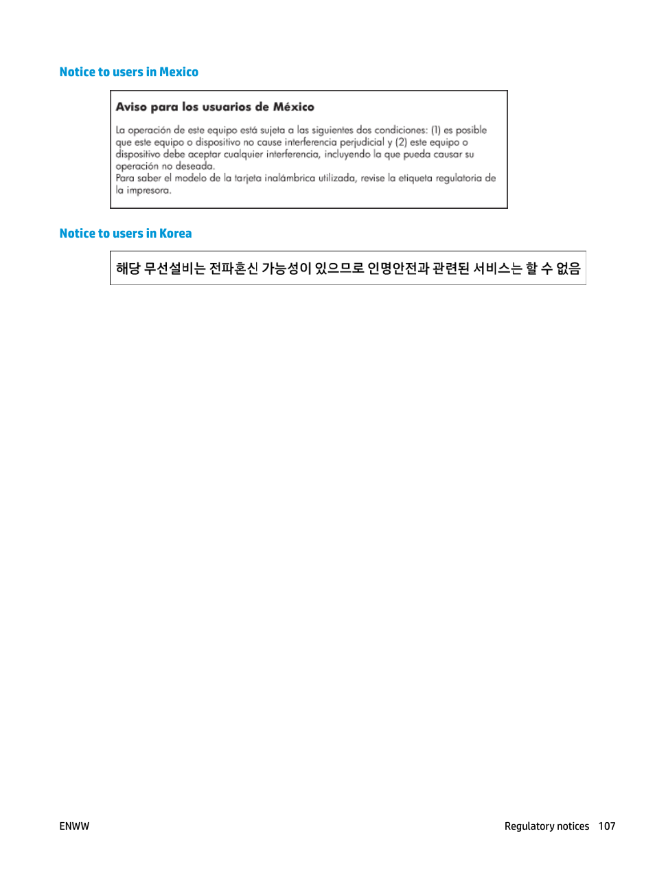 Notice to users in mexico, Notice to users in korea | HP DeskJet 3700 User Manual | Page 111 / 118