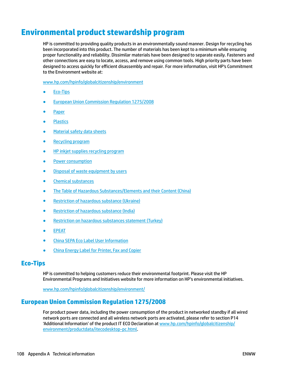 Environmental product stewardship program, Eco-tips, European union commission regulation 1275/2008 | HP DeskJet 3700 User Manual | Page 112 / 118