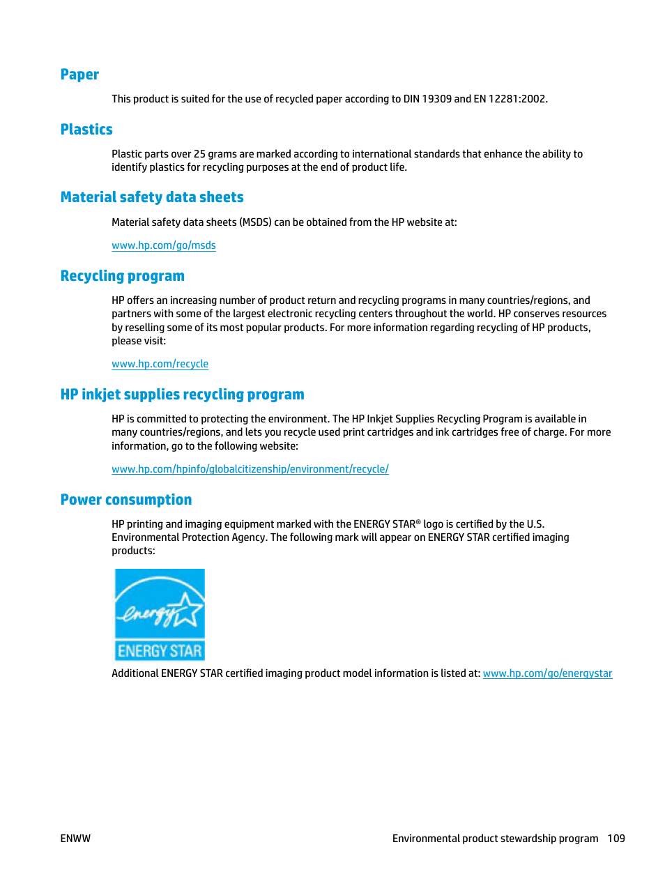 Paper, Plastics, Material safety data sheets | Recycling program, Hp inkjet supplies recycling program, Power consumption | HP DeskJet 3700 User Manual | Page 113 / 118