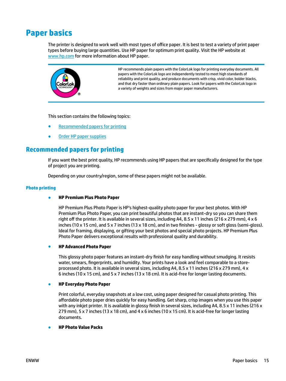 Paper basics, Recommended papers for printing | HP DeskJet 3700 User Manual | Page 19 / 118