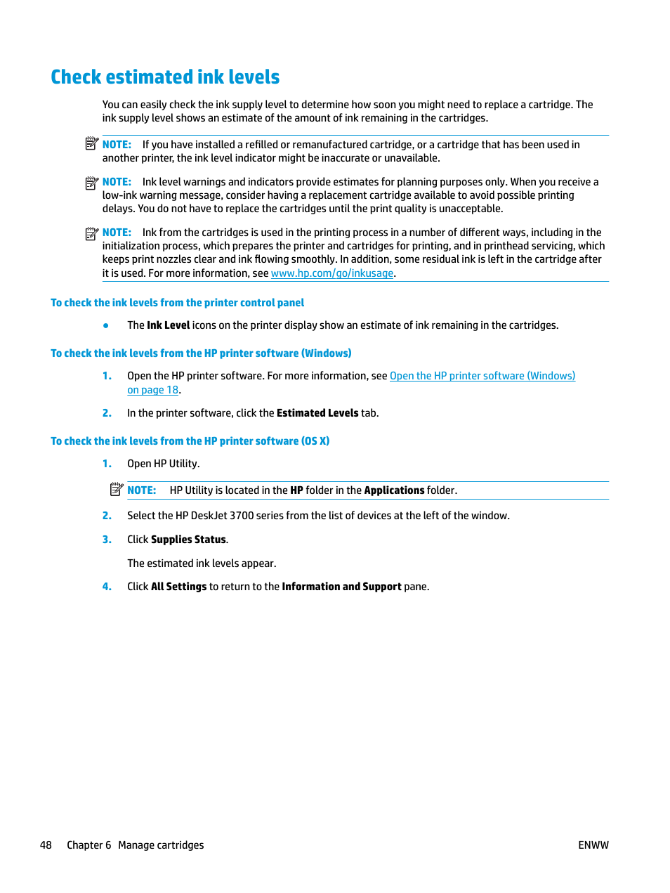 Check estimated ink levels | HP DeskJet 3700 User Manual | Page 52 / 118