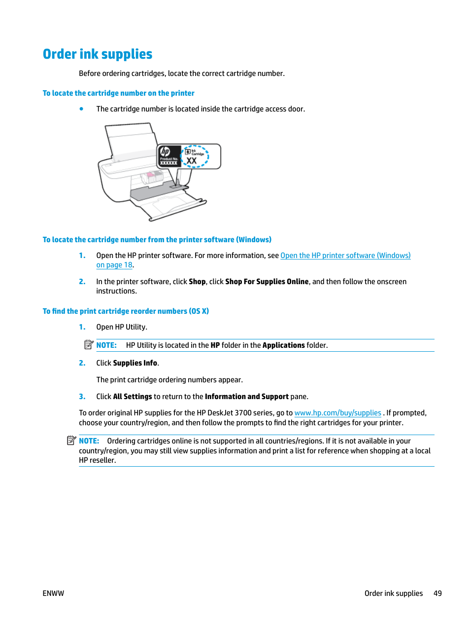 Order ink supplies | HP DeskJet 3700 User Manual | Page 53 / 118