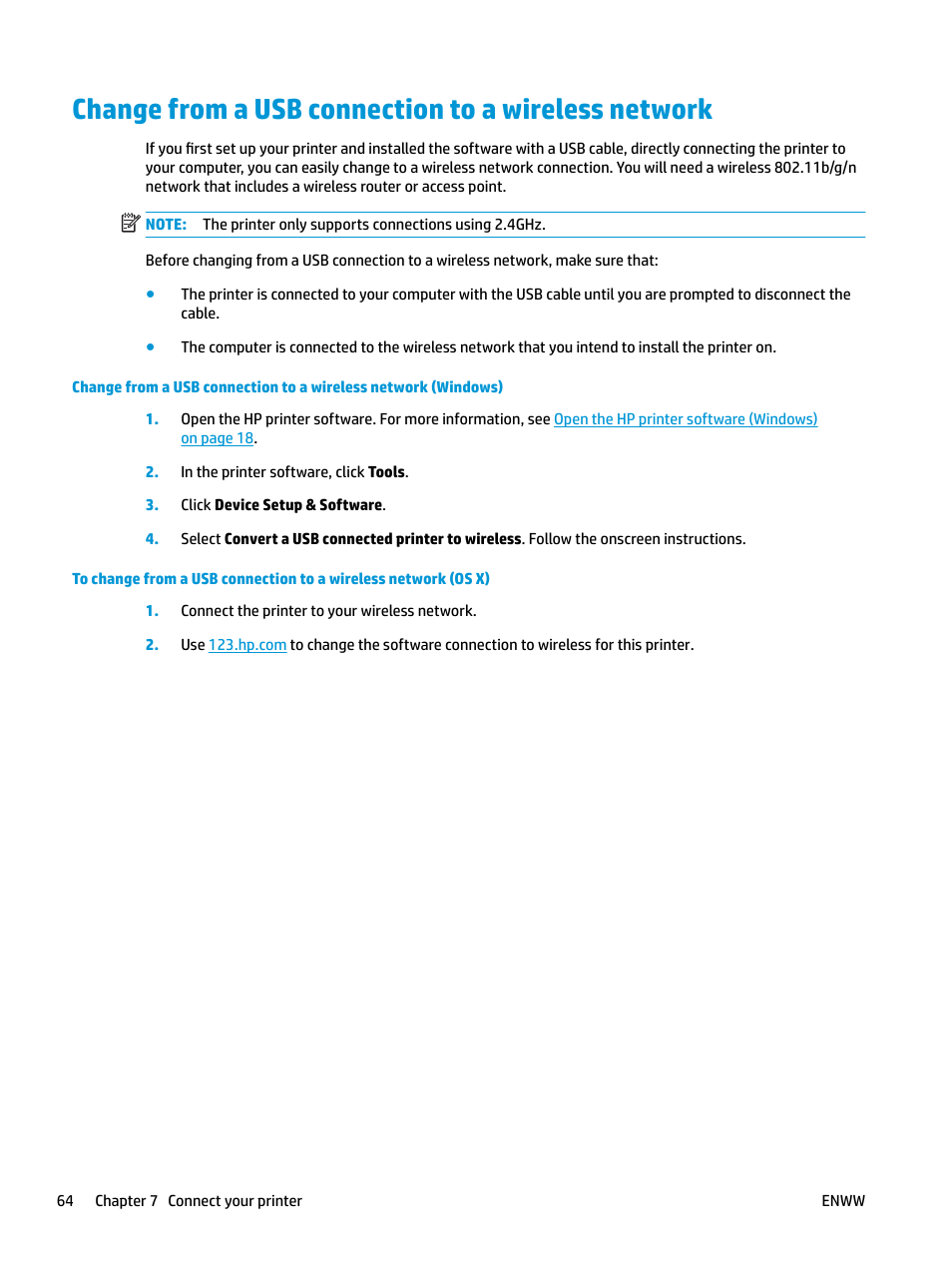 Change from a usb connection to a wireless network | HP DeskJet 3700 User Manual | Page 68 / 118