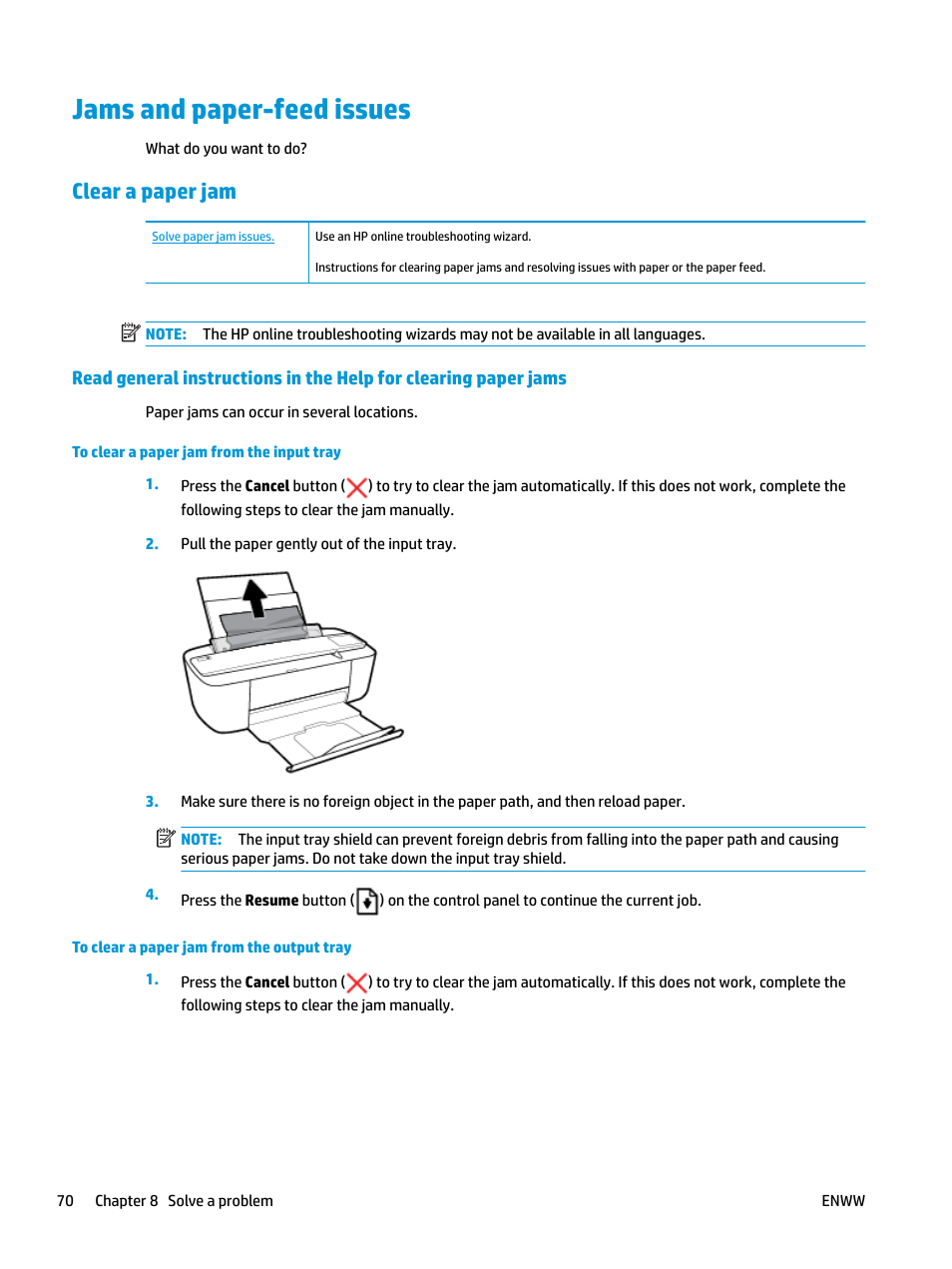 Jams and paper-feed issues, Clear a paper jam | HP DeskJet 3700 User Manual | Page 74 / 118