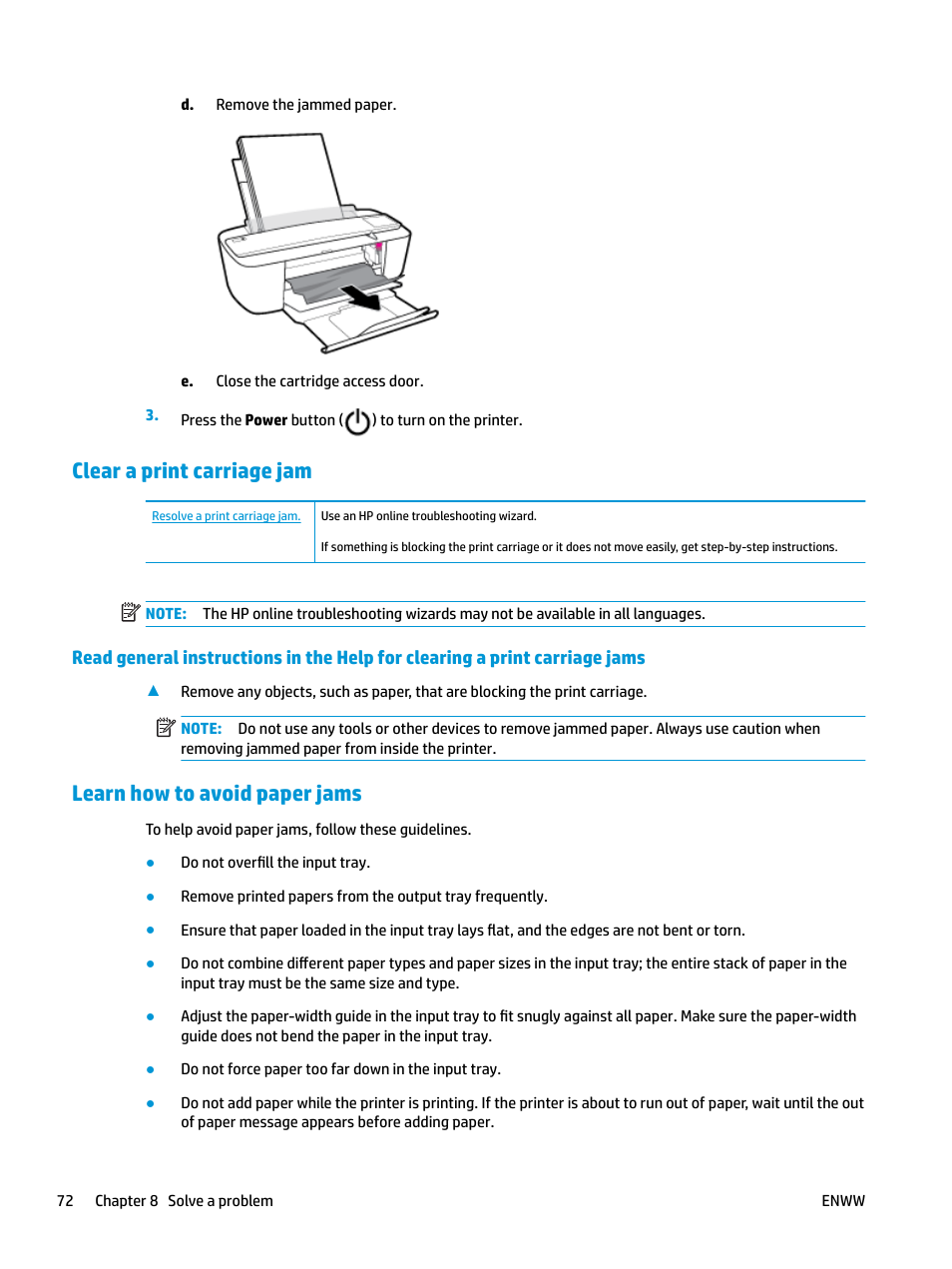 Clear a print carriage jam, Learn how to avoid paper jams | HP DeskJet 3700 User Manual | Page 76 / 118