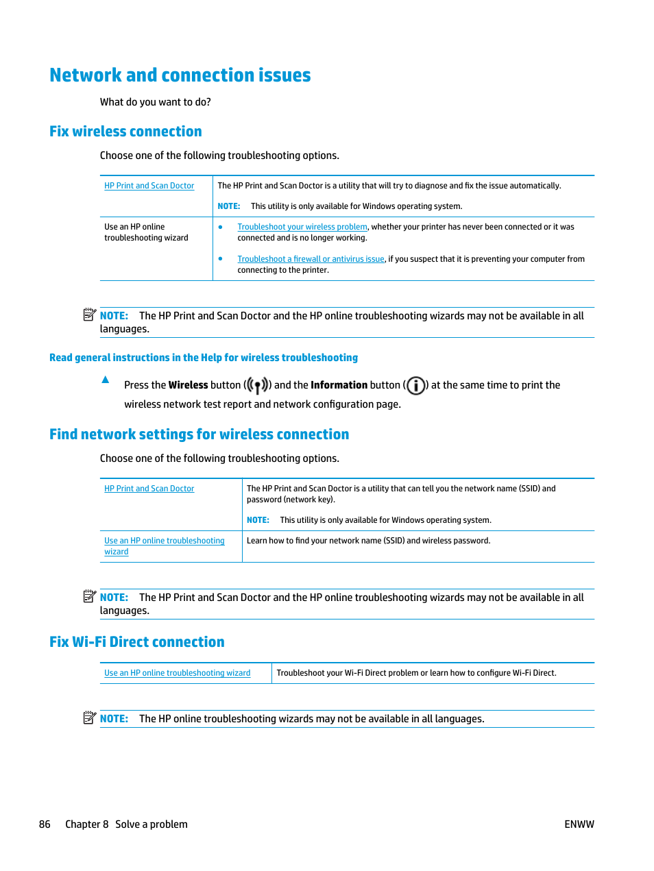 Network and connection issues, Fix wireless connection, Find network settings for wireless connection | Fix wi-fi direct connection | HP DeskJet 3700 User Manual | Page 90 / 118