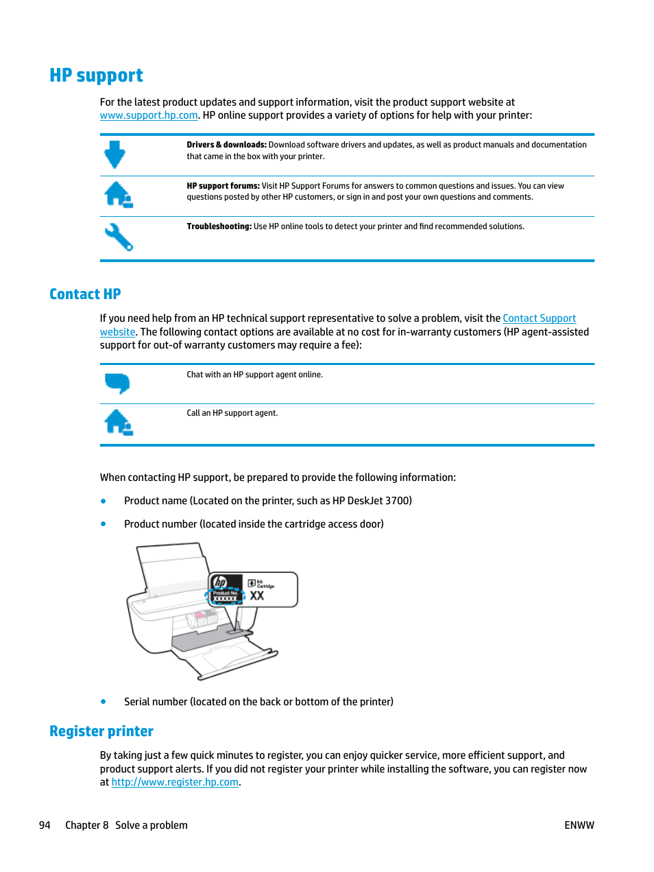 Hp support, Contact hp, Register printer | HP DeskJet 3700 User Manual | Page 98 / 118