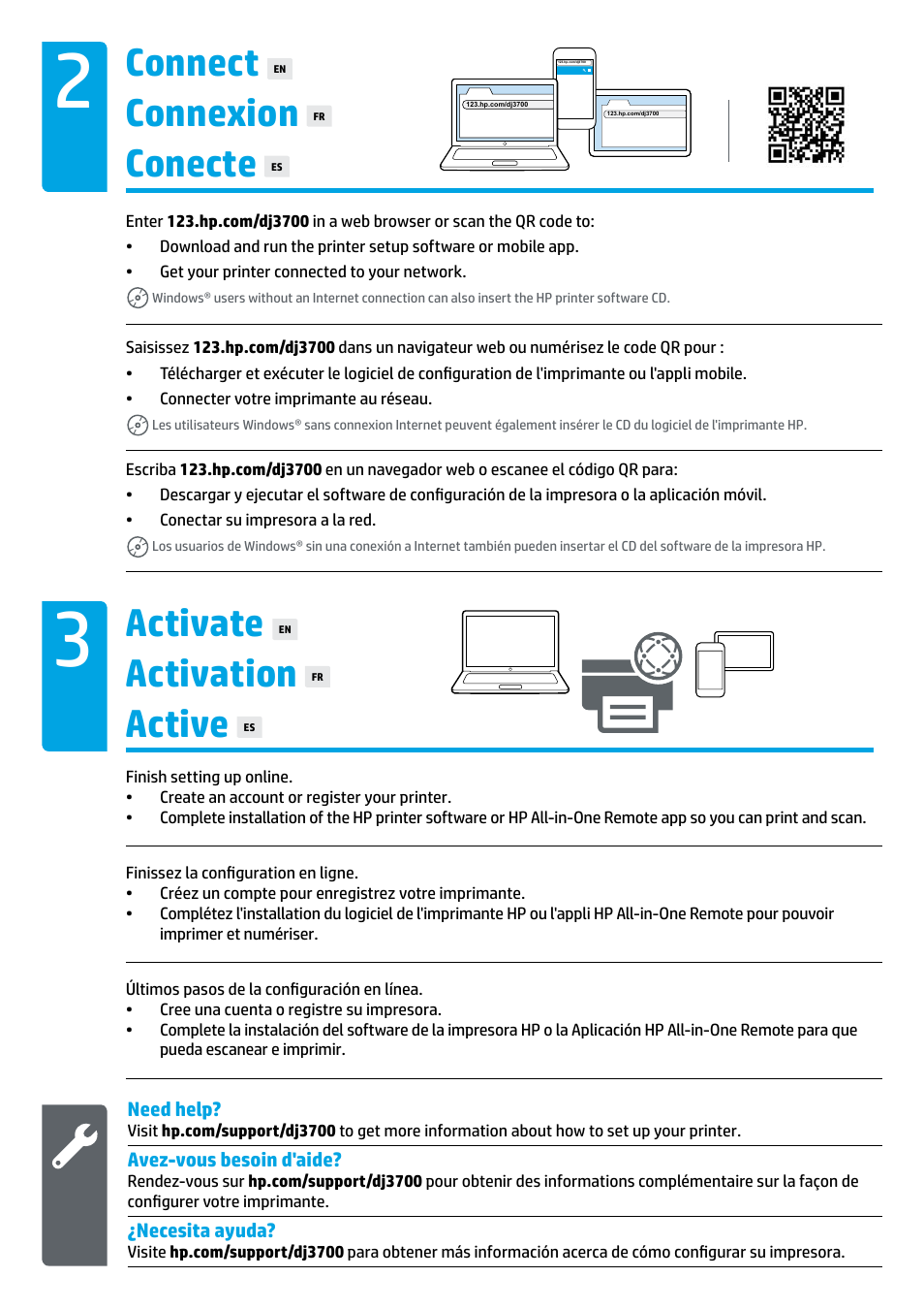 Conecte, Active, Connexion | Activation, Connect, Activate | HP DeskJet 3700 User Manual | Page 3 / 4