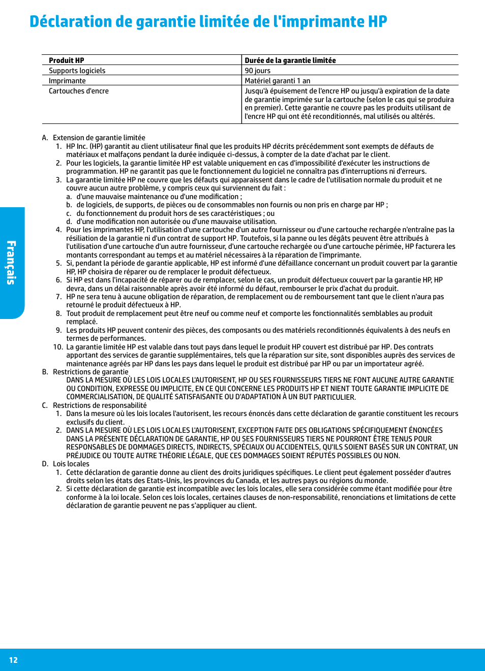 Déclaration de garantie limitée de l'imprimante hp, Fr ançais | HP DeskJet 3700 User Manual | Page 12 / 19