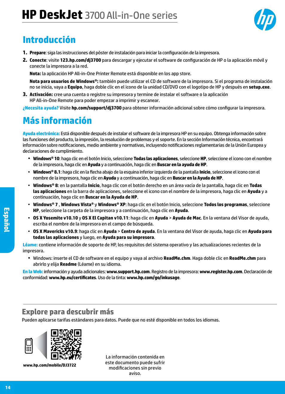 Español, Hp deskjet, 3700 all-in-one series | Introducción, Más información, Explore para descubrir más, Es pañol | HP DeskJet 3700 User Manual | Page 14 / 19