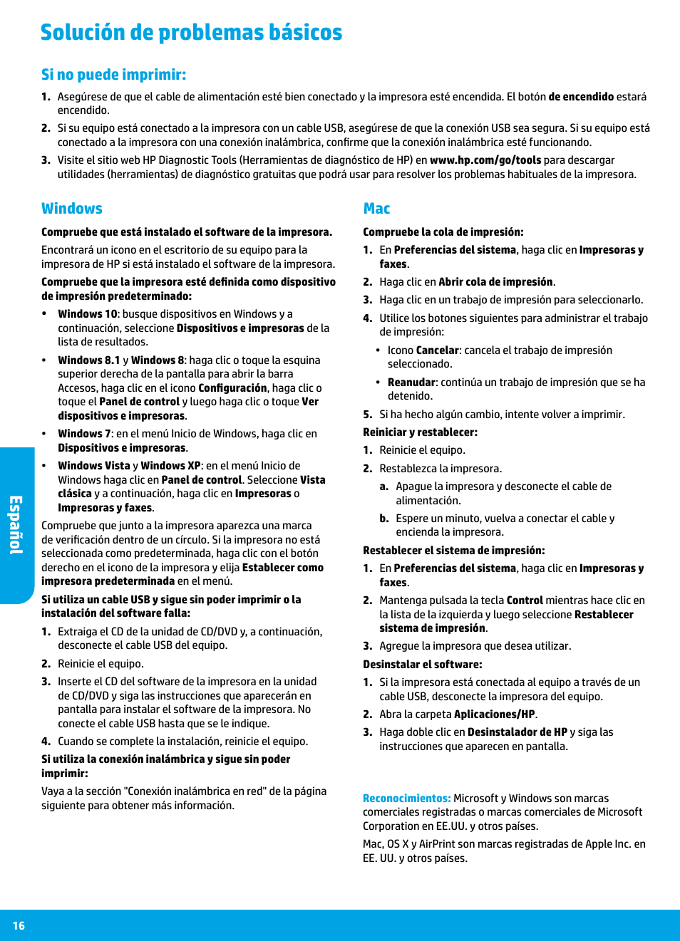 Solución de problemas básicos, Es pañol es pañol es pañol, Mac windows | Si no puede imprimir | HP DeskJet 3700 User Manual | Page 16 / 19