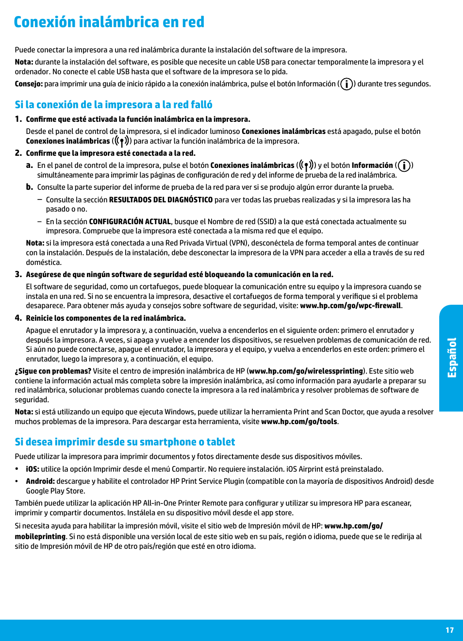 Conexión inalámbrica en red, Es pañol es pañol es pañol, Si la conexión de la impresora a la red falló | Si desea imprimir desde su smartphone o tablet | HP DeskJet 3700 User Manual | Page 17 / 19