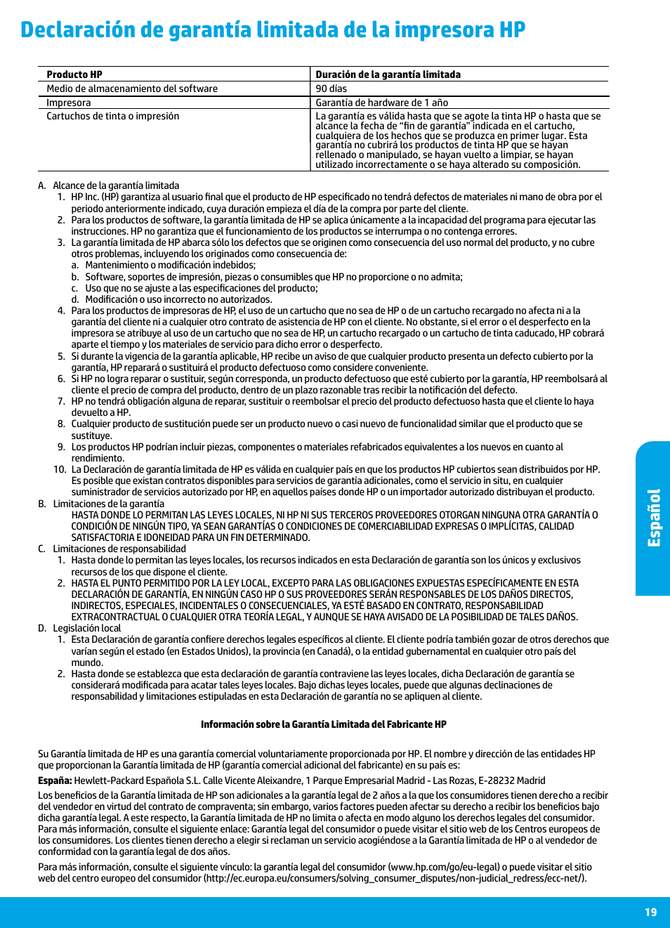 Es pañol | HP DeskJet 3700 User Manual | Page 19 / 19