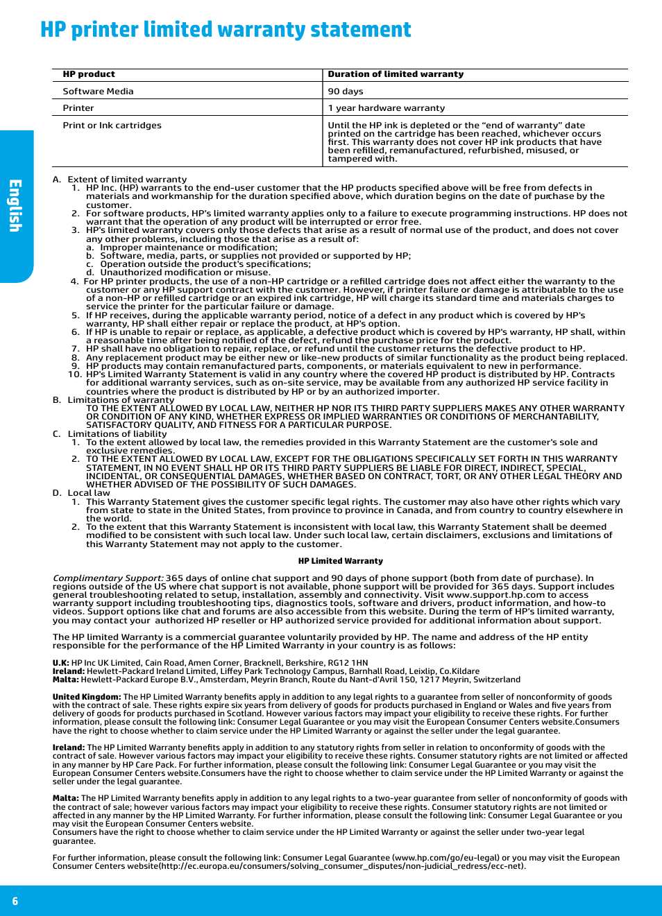 Hp printer limited warranty statement, English | HP DeskJet 3700 User Manual | Page 6 / 19