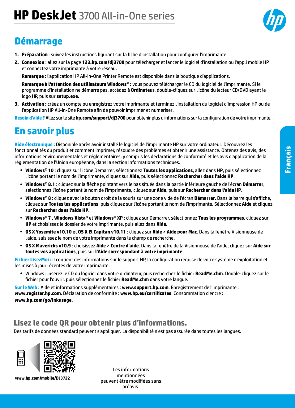 Français, Hp deskjet, 3700 all-in-one series | Démarrage, En savoir plus, Lisez le code qr pour obtenir plus d’informations, Fr ançais | HP DeskJet 3700 User Manual | Page 7 / 19