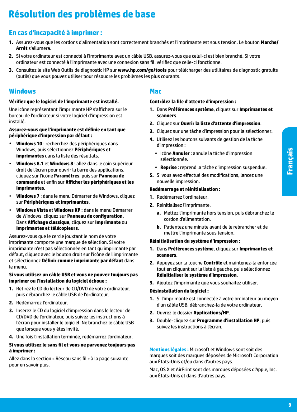 Résolution des problèmes de base, Fr ançais, Mac windows | En cas d'incapacité à imprimer | HP DeskJet 3700 User Manual | Page 9 / 19