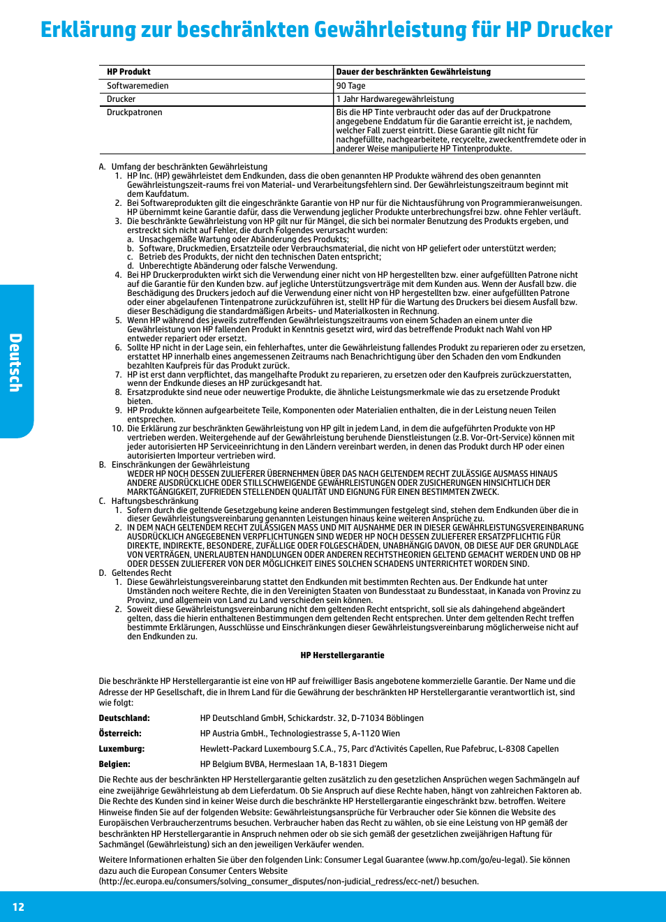 Deutsch | HP DeskJet 3700 User Manual | Page 12 / 85