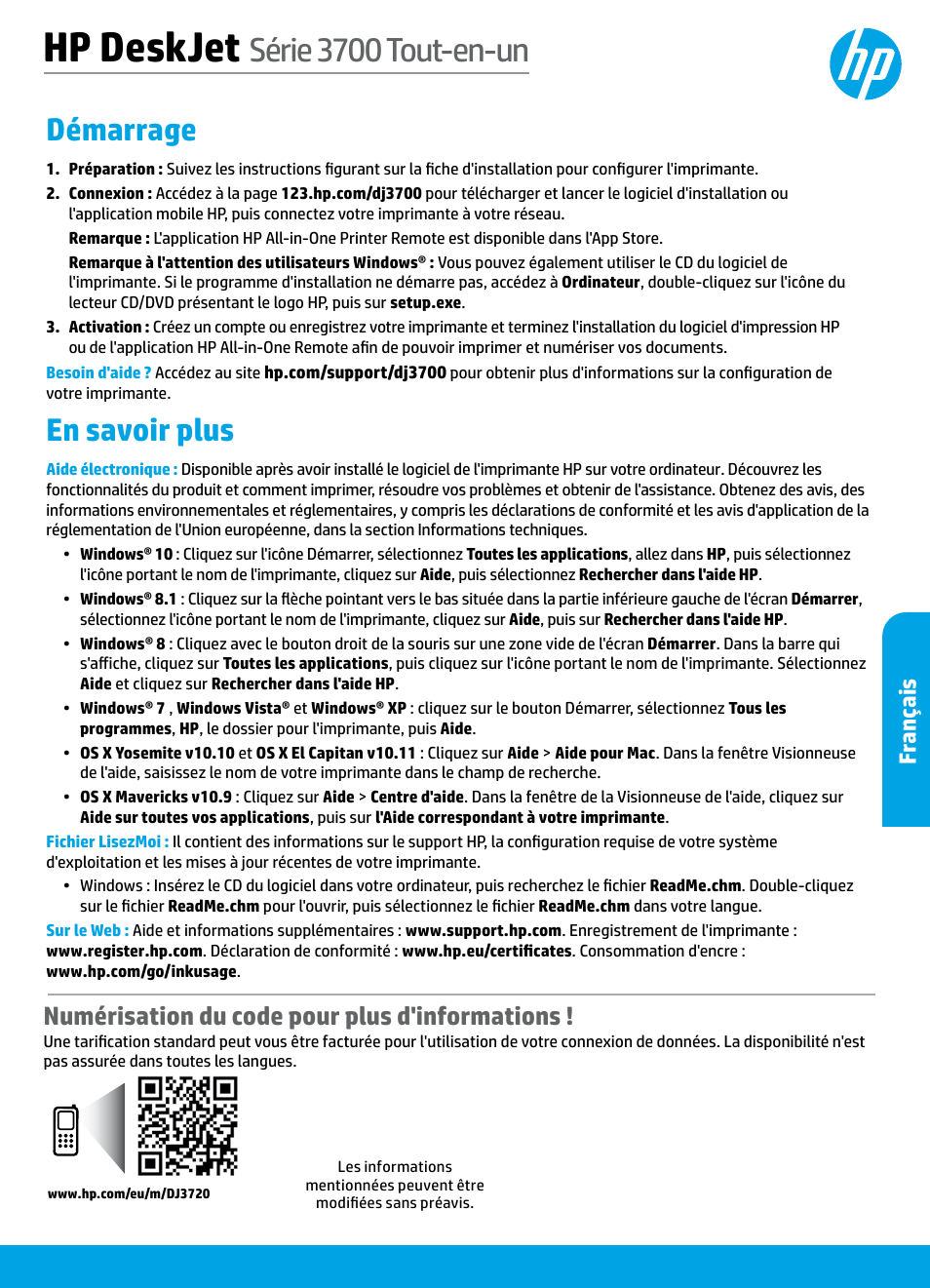 Français, Hp deskjet, Série 3700 tout-en-un | Démarrage, En savoir plus, Numérisation du code pour plus d'informations, Fr ançais | HP DeskJet 3700 User Manual | Page 13 / 85