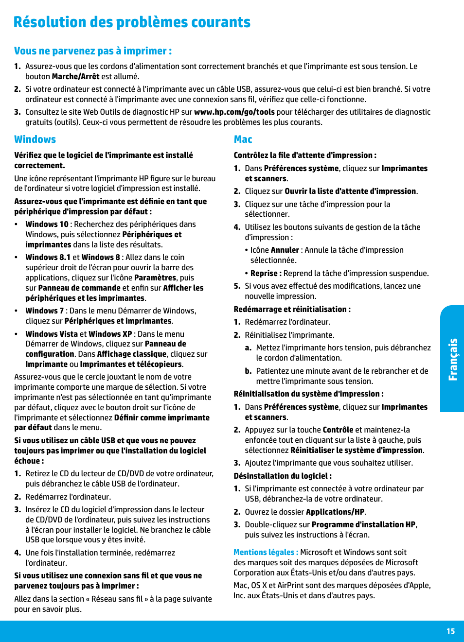 Résolution des problèmes courants, Fr ançais, Mac windows | Vous ne parvenez pas à imprimer | HP DeskJet 3700 User Manual | Page 15 / 85