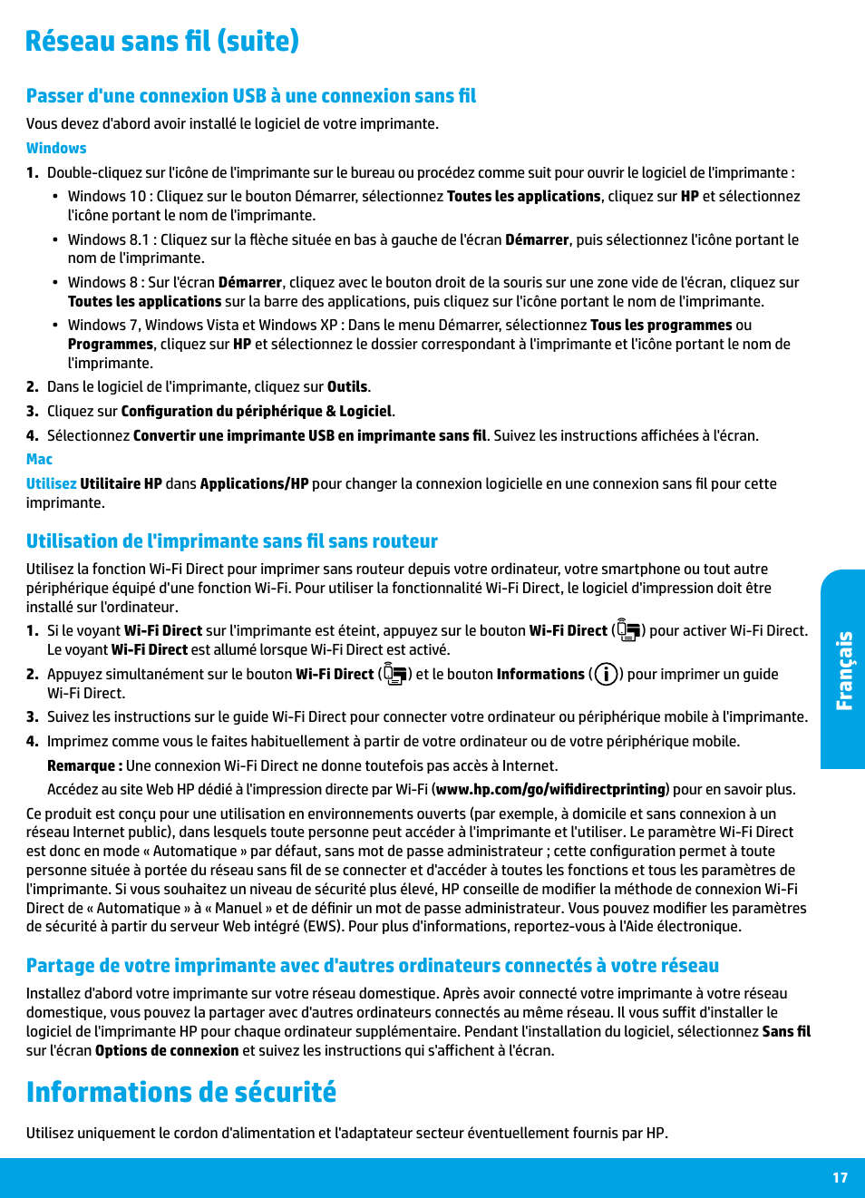 Réseau sans fil (suite) informations de sécurité, Fr ançais, Utilisation de l'imprimante sans fil sans routeur | HP DeskJet 3700 User Manual | Page 17 / 85