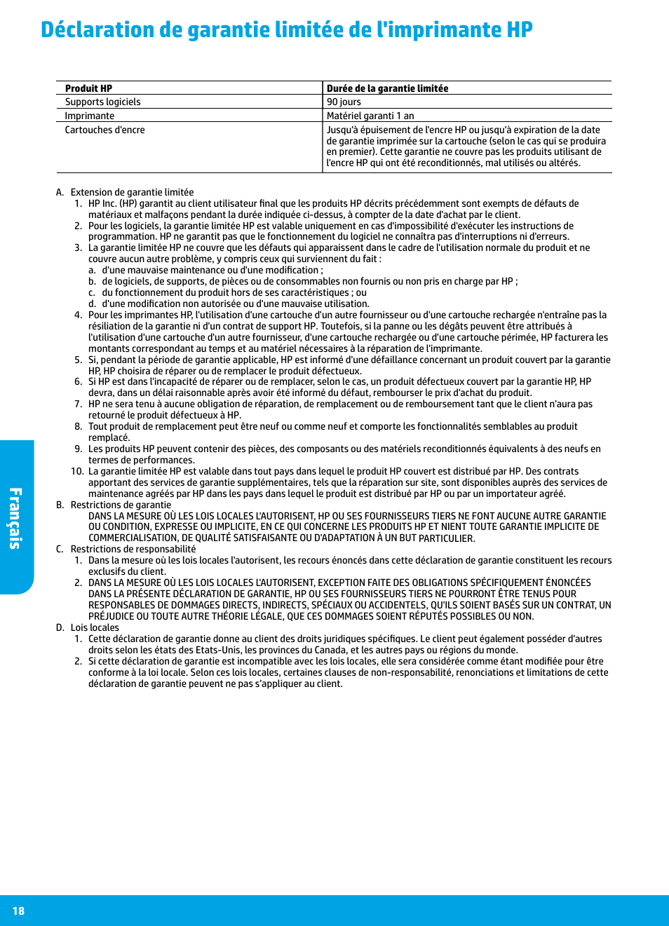 Déclaration de garantie limitée de l'imprimante hp, Fr ançais | HP DeskJet 3700 User Manual | Page 18 / 85