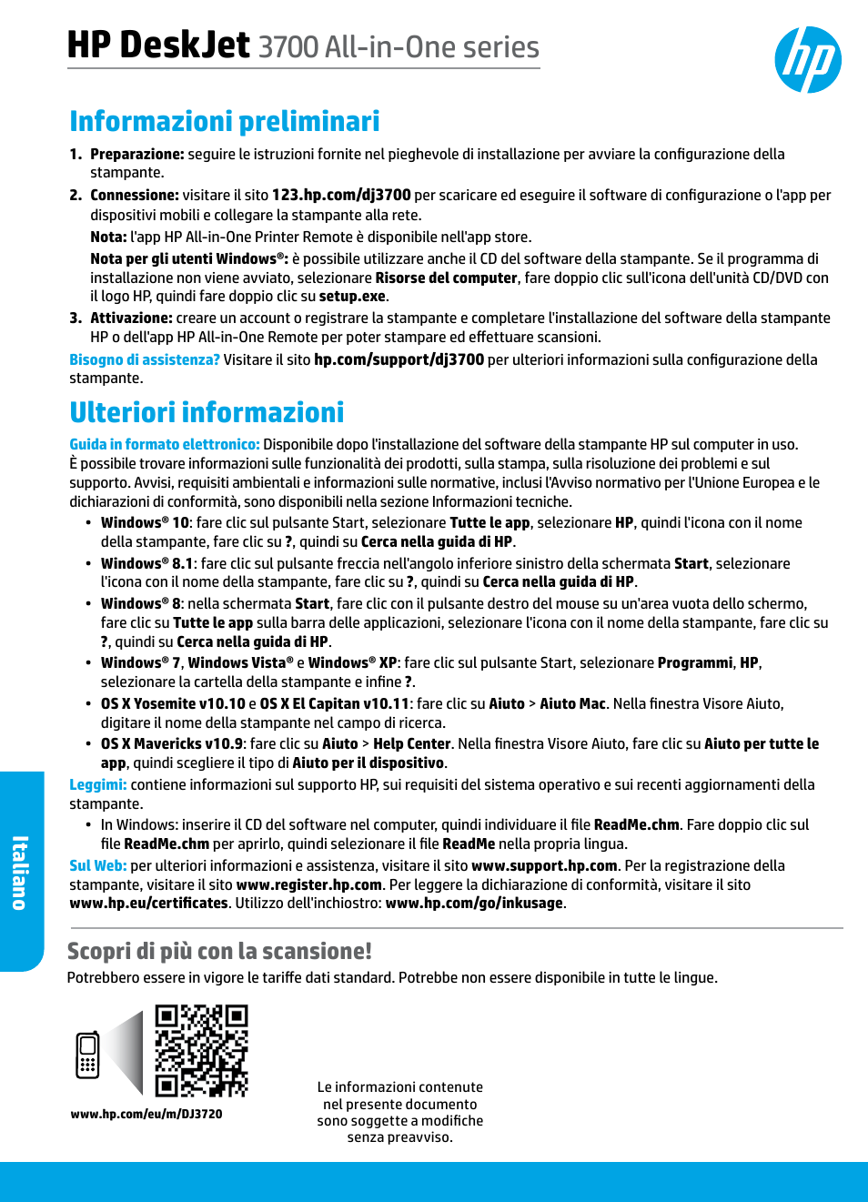 Italiano, Hp deskjet, 3700 all-in-one series | Informazioni preliminari, Ulteriori informazioni, Scopri di più con la scansione | HP DeskJet 3700 User Manual | Page 20 / 85