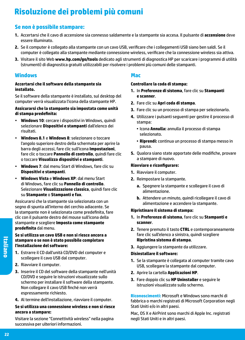 Risoluzione dei problemi più comuni, Italiano, Mac windows | Se non è possibile stampare | HP DeskJet 3700 User Manual | Page 22 / 85