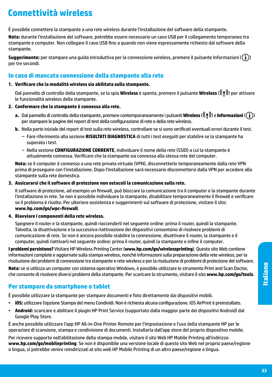 Connettività wireless, Italiano, Per stampare da smartphone o tablet | HP DeskJet 3700 User Manual | Page 23 / 85