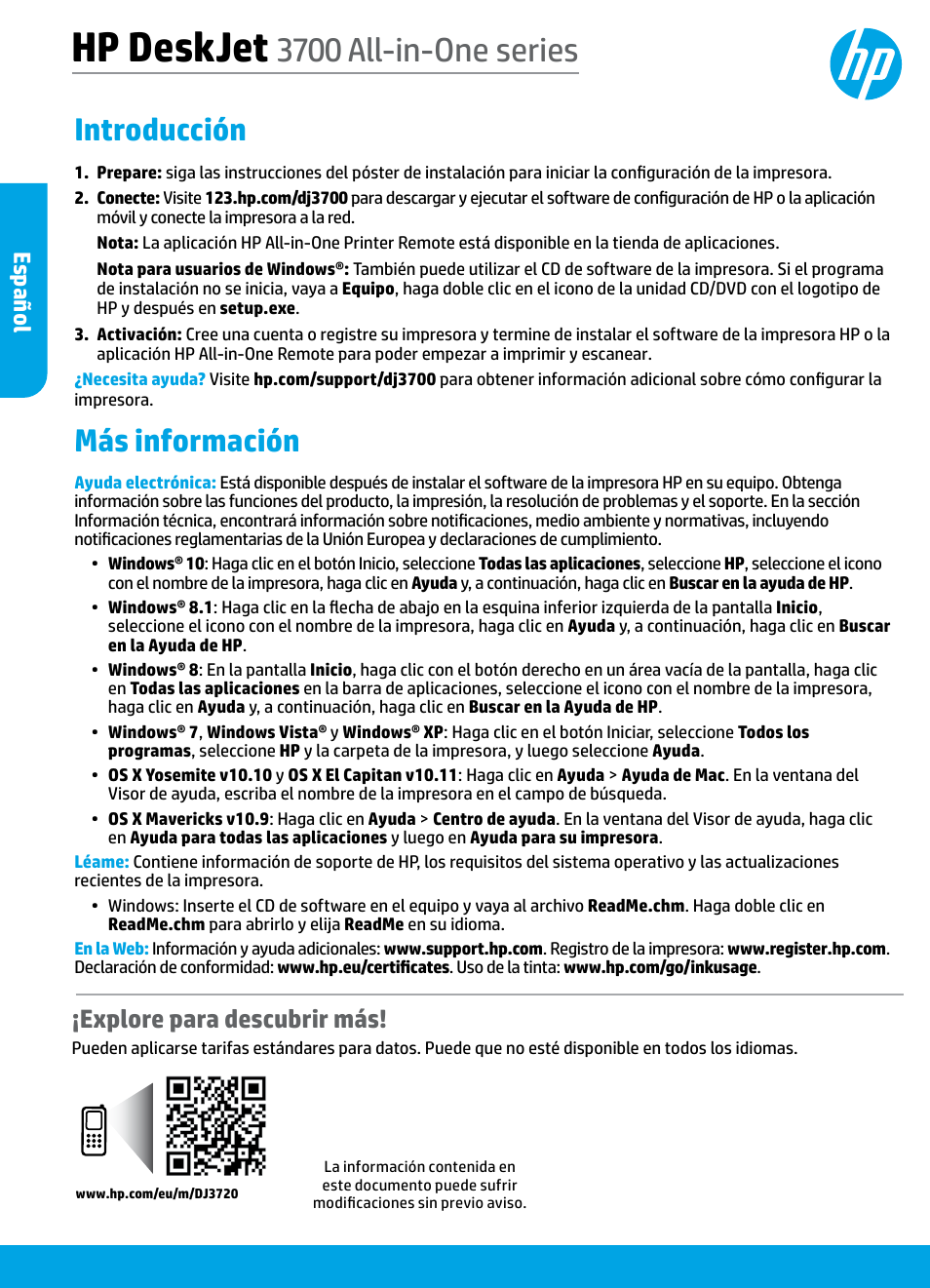 Español, Hp deskjet, 3700 all-in-one series | Introducción, Más información, Explore para descubrir más, Es pañol | HP DeskJet 3700 User Manual | Page 26 / 85